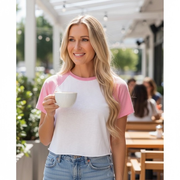 aerie Tops - Aerie Women XS Pink White Raglan Baseball Tee Short Sleeve Cropped Raw Hem Shirt